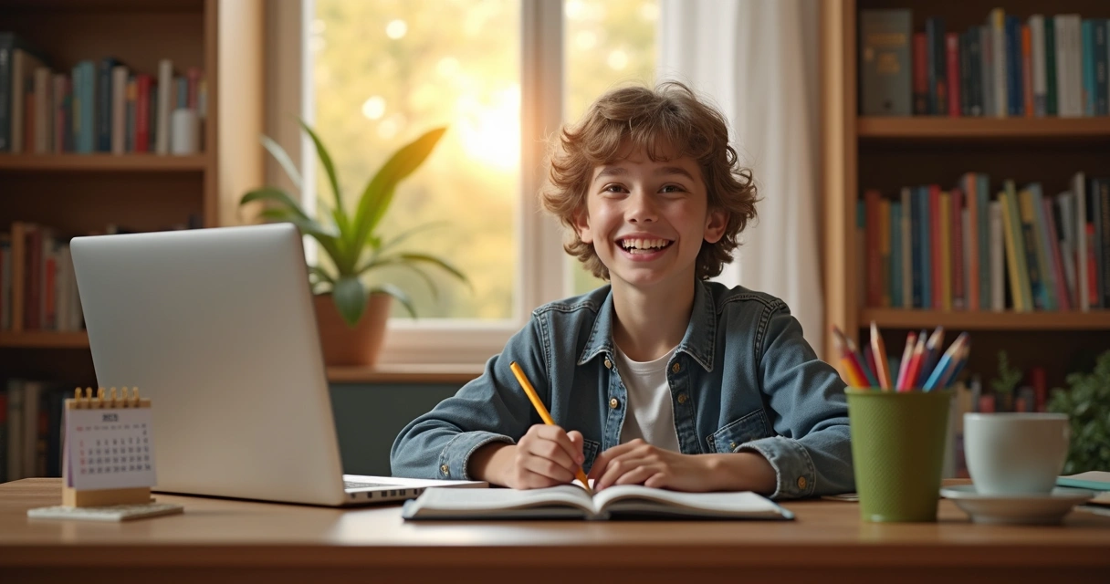 Jovem sorridente estudando no notebook em casa