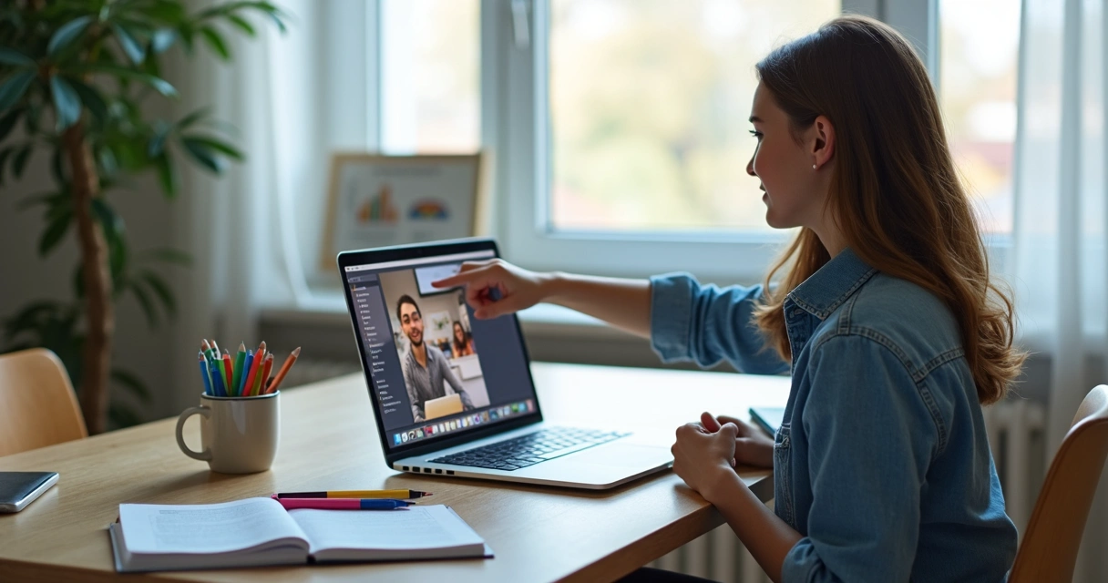 Estudante sentado à mesa com laptop aberto, apontando para a tela e com material digital ao redor 