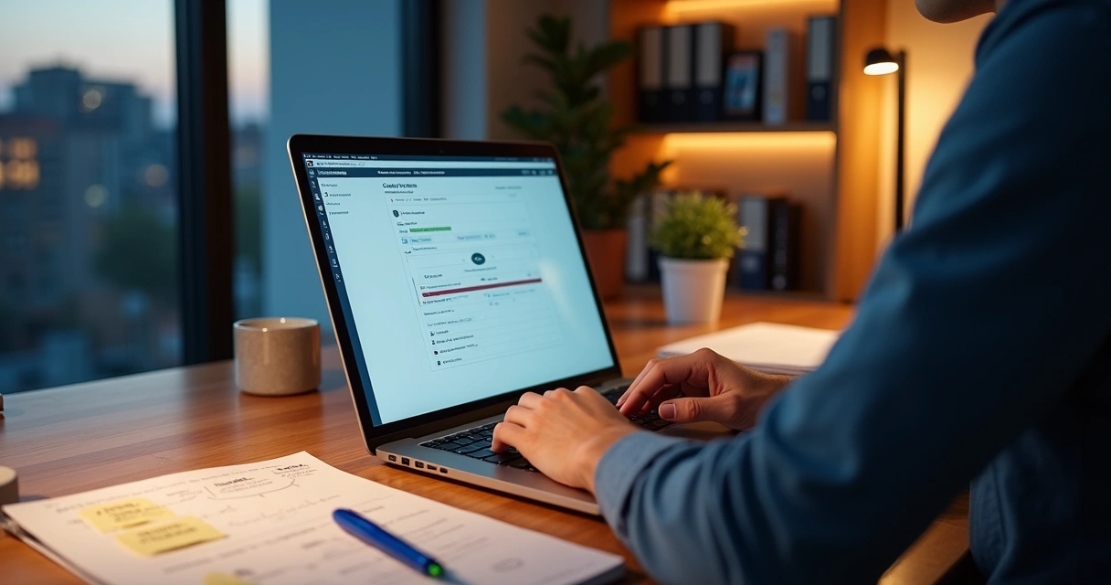 Profissional estuda curso EaD em plataforma online em ambiente organizado 
