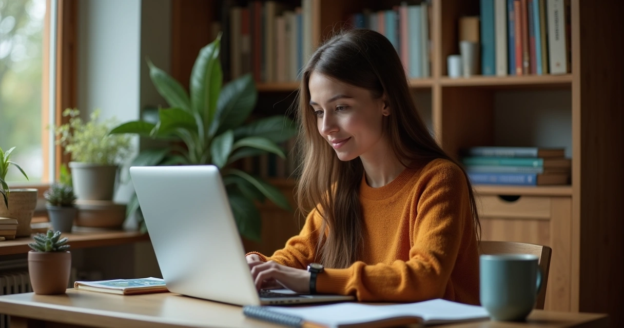 Estudante usando notebook em ambiente doméstico estudando online 