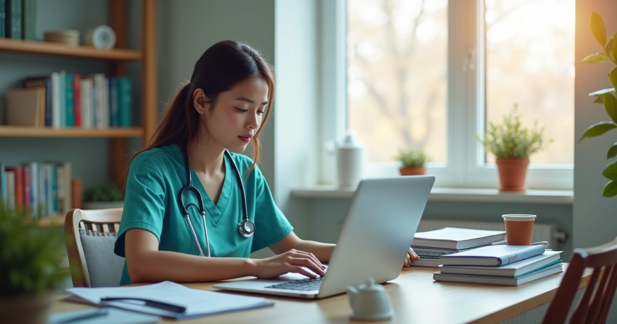 Estudante de enfermagem estudando com notebook e livros 