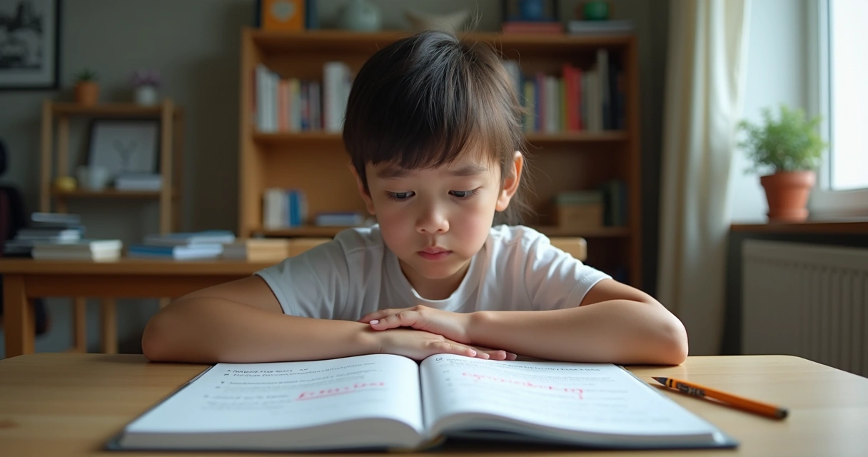 Estudante olhando preocupado para caderno de inglês 