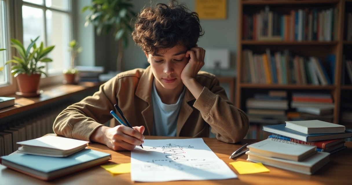 Estudante refletindo sobre escolha vocacional com materiais de estudo 