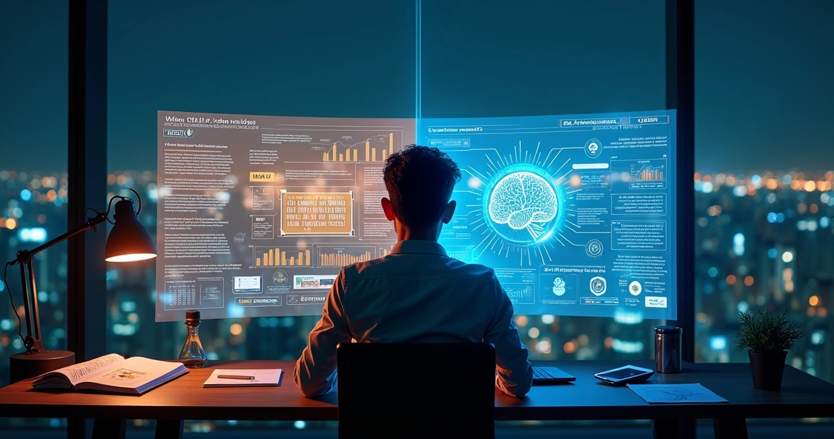 Profissional do mercado financeiro analisando holograma dividido entre curso preparatório e IA 