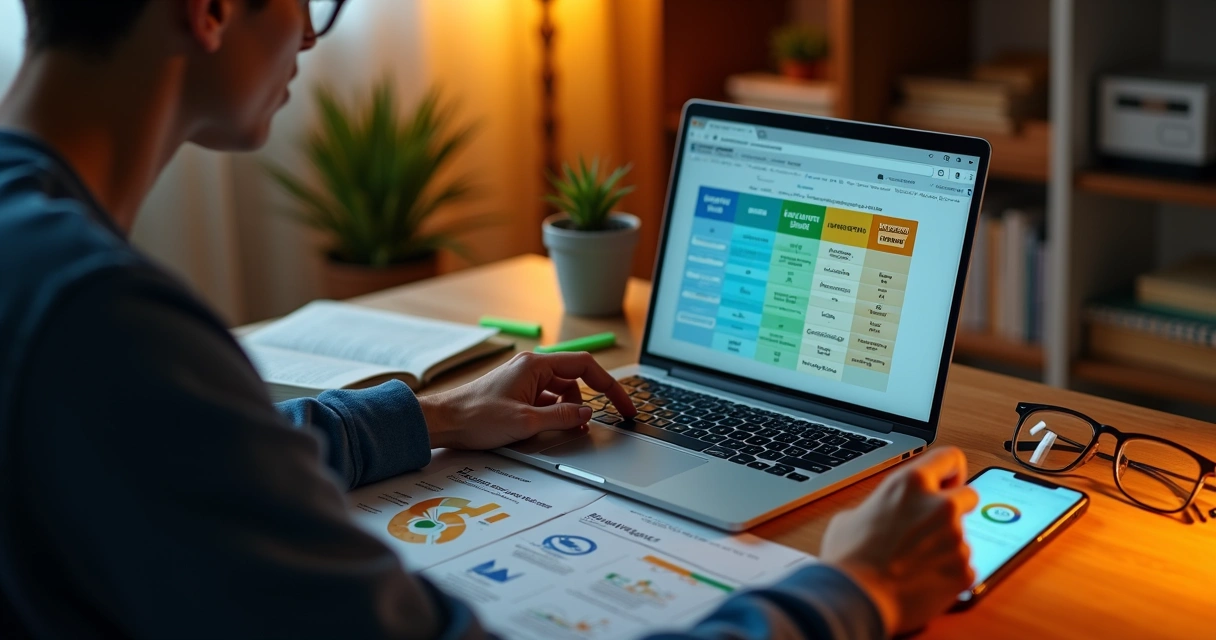 Jovem comparando opções de curso técnico EAD em tela com gráfico de escolha 