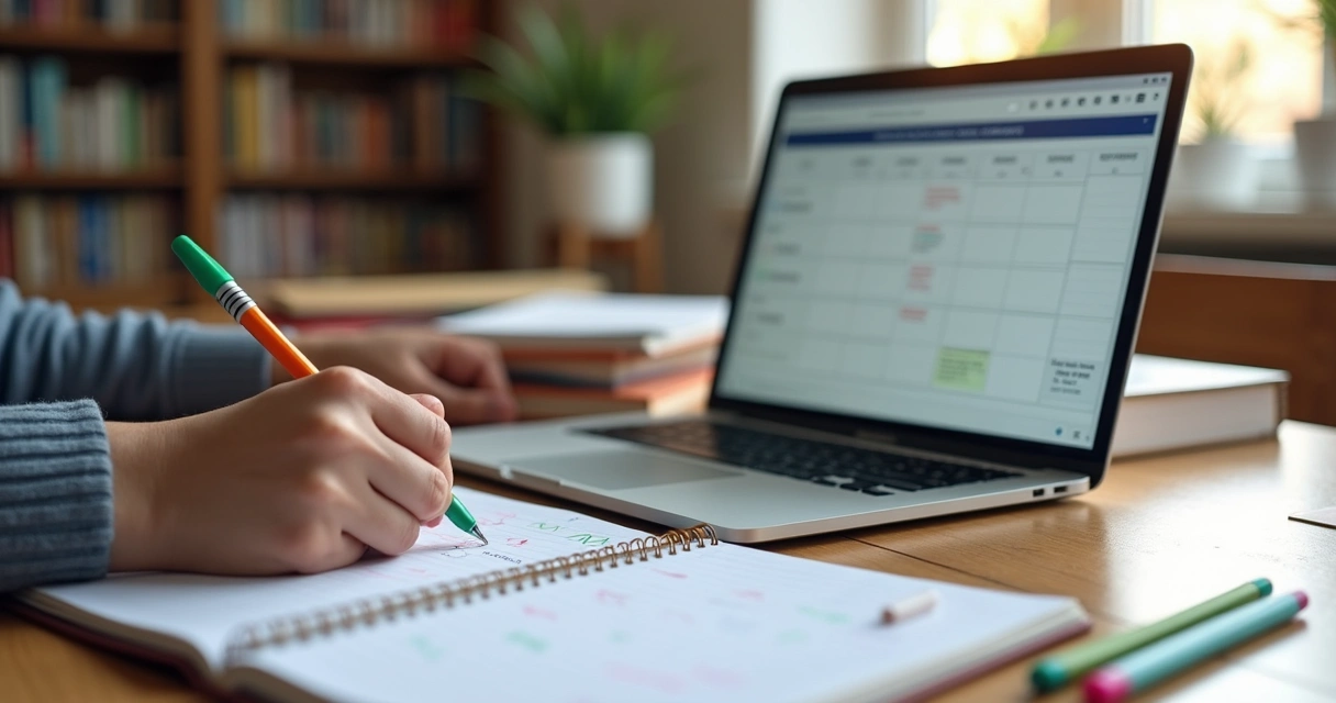 Estudante organizando cronograma de estudos com caderno, laptop e materiais escolares sobre mesa clara 