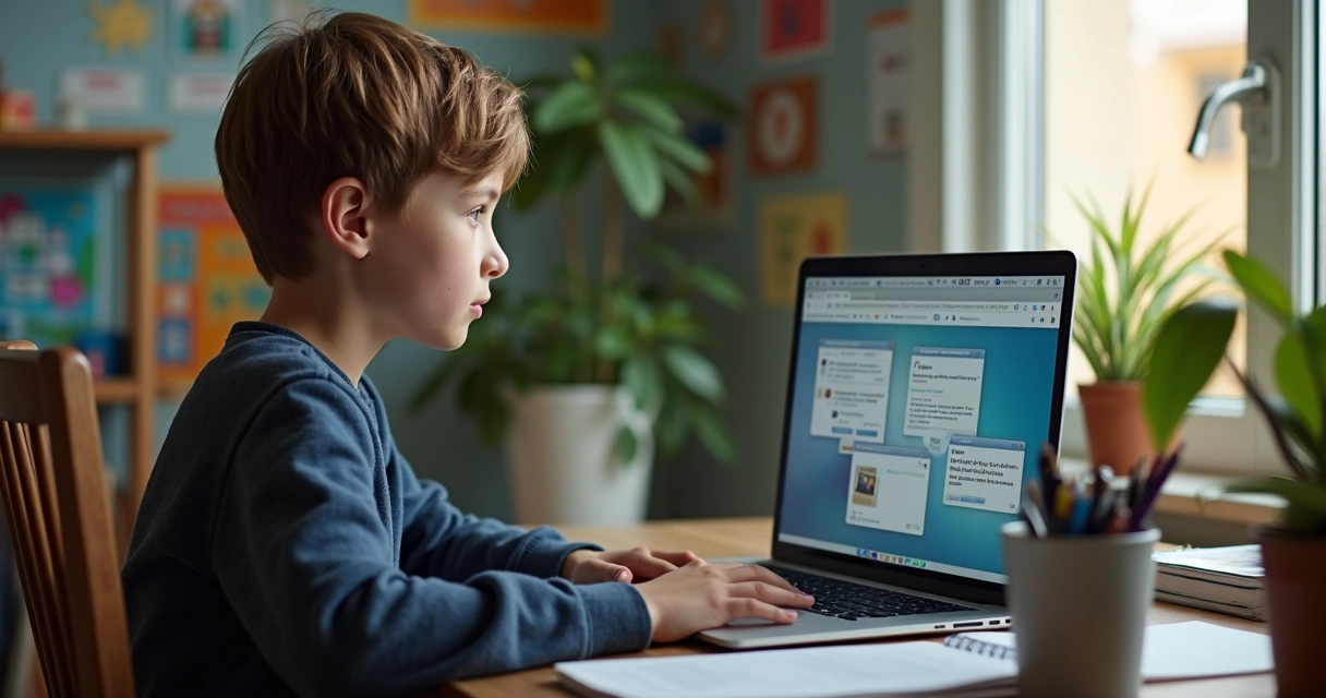 Estudante com notebook e apps de estudo