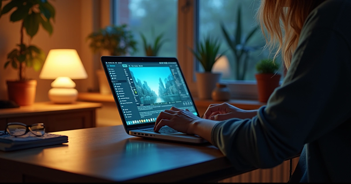 Aluno estudando EaD em casa com notebook e materiais de apoio, ambiente iluminado e organizado 