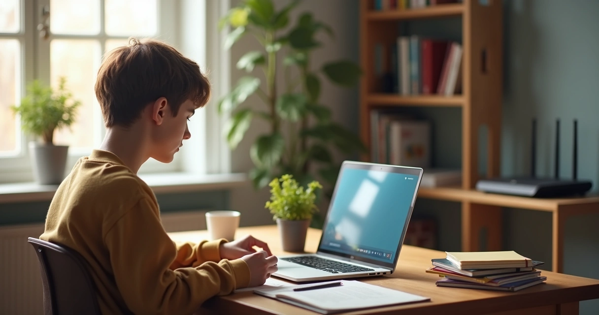 Estudante sentado em mesa organizada, estudando em ambiente tranquilo com laptop e livros 