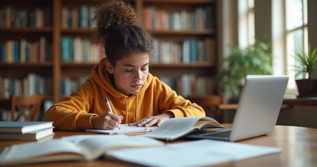 Estudante concentrado estudando em biblioteca com cadernos e laptop 