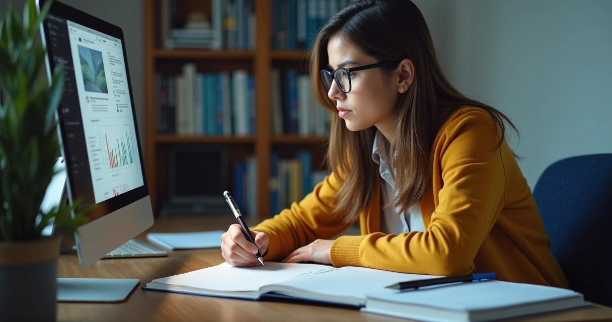 Estudante concentrado revisando conteúdo com cadernos, anotações e computador em mesa organizada 