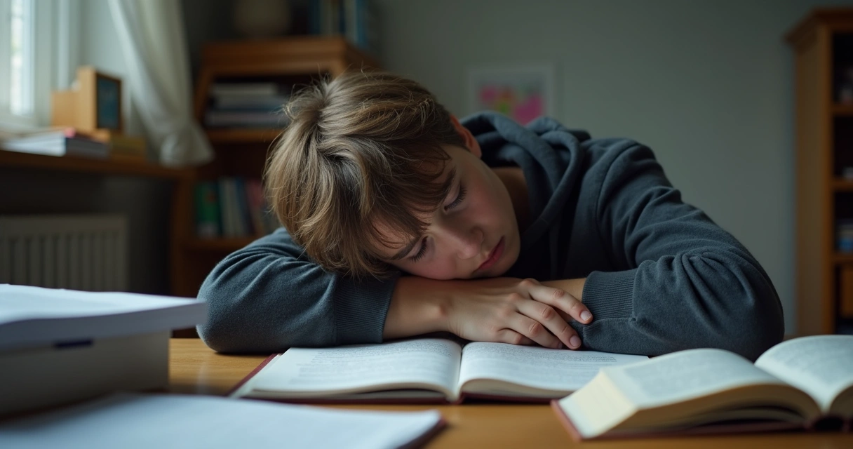 Estudante sentado debruçado em mesa cheia de livros