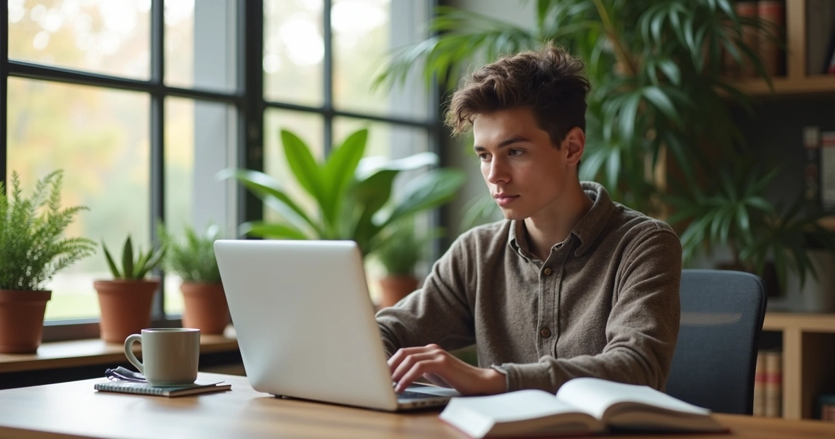 Jovem usando notebook em casa, estudando em ambiente iluminado 