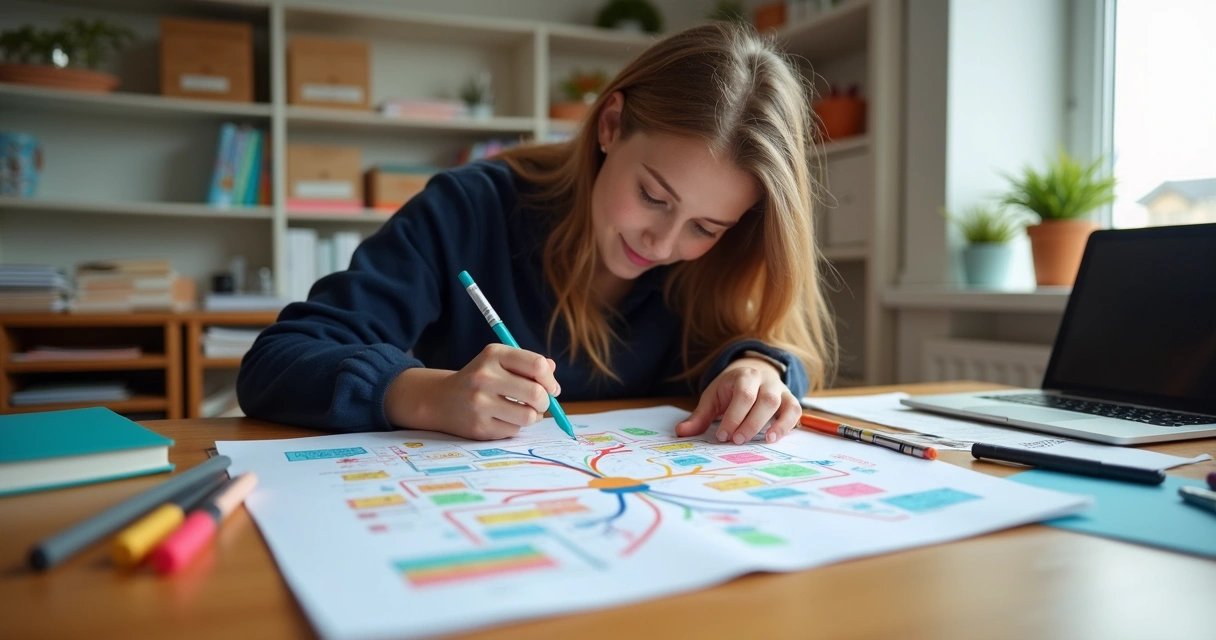 Estudante sentado escrevendo mapa mental colorido em caderno aberto 