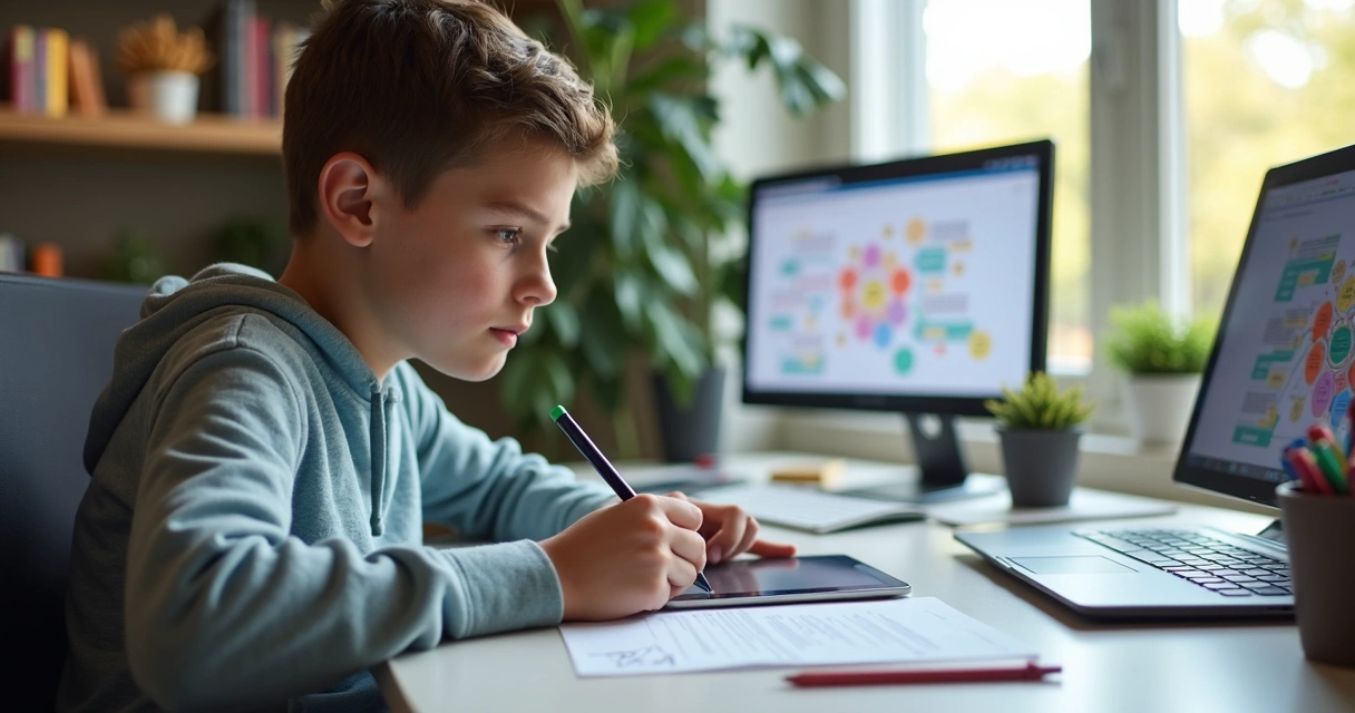 Jovem estudante desenhando um mapa mental em um tablet com caneta digital 