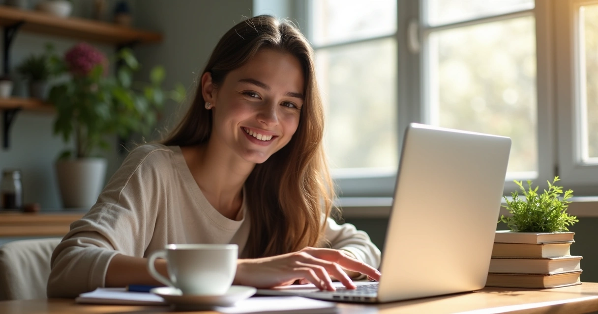 Estudante sorridente usando notebook em ambiente de estudo em casa 