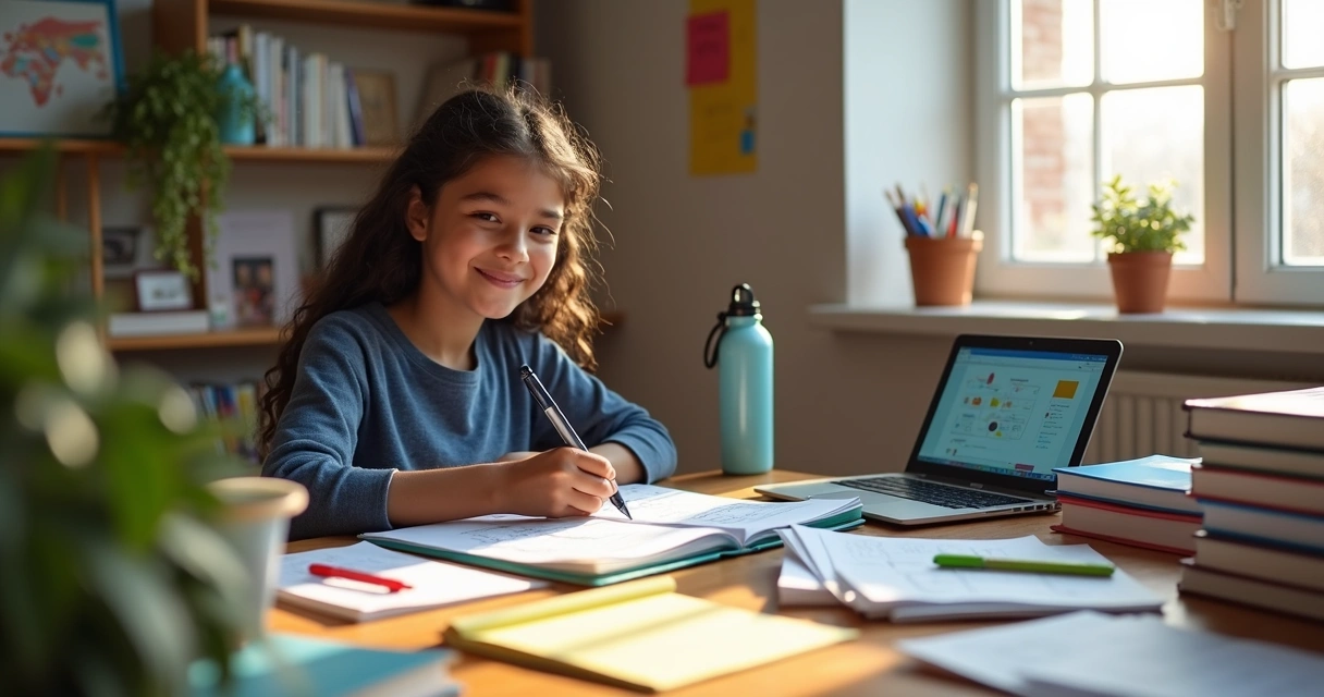 Estudante sorrindo ao trabalhar em projeto acadêmico 