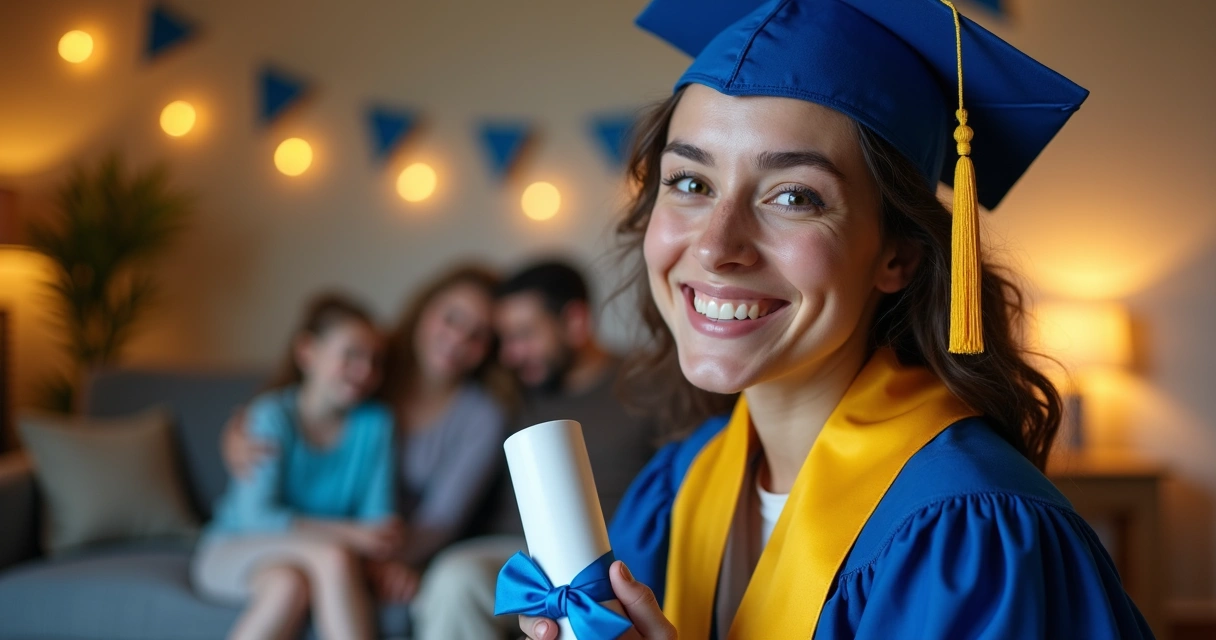 Pessoa sorridente segurando diploma de pedagogia em ambiente doméstico 