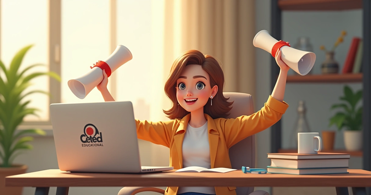 Estudante sorridente segurando certificado digital de conclusão de curso EAD reconhecido 