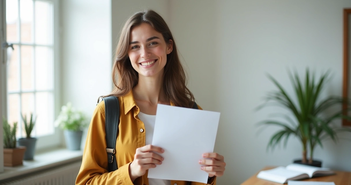 Estudante sorridente segurando carta de aprovação