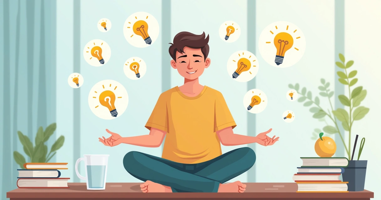 Estudante sentado, olhos fechados e postura reta, praticando mindfulness antes do estudo 