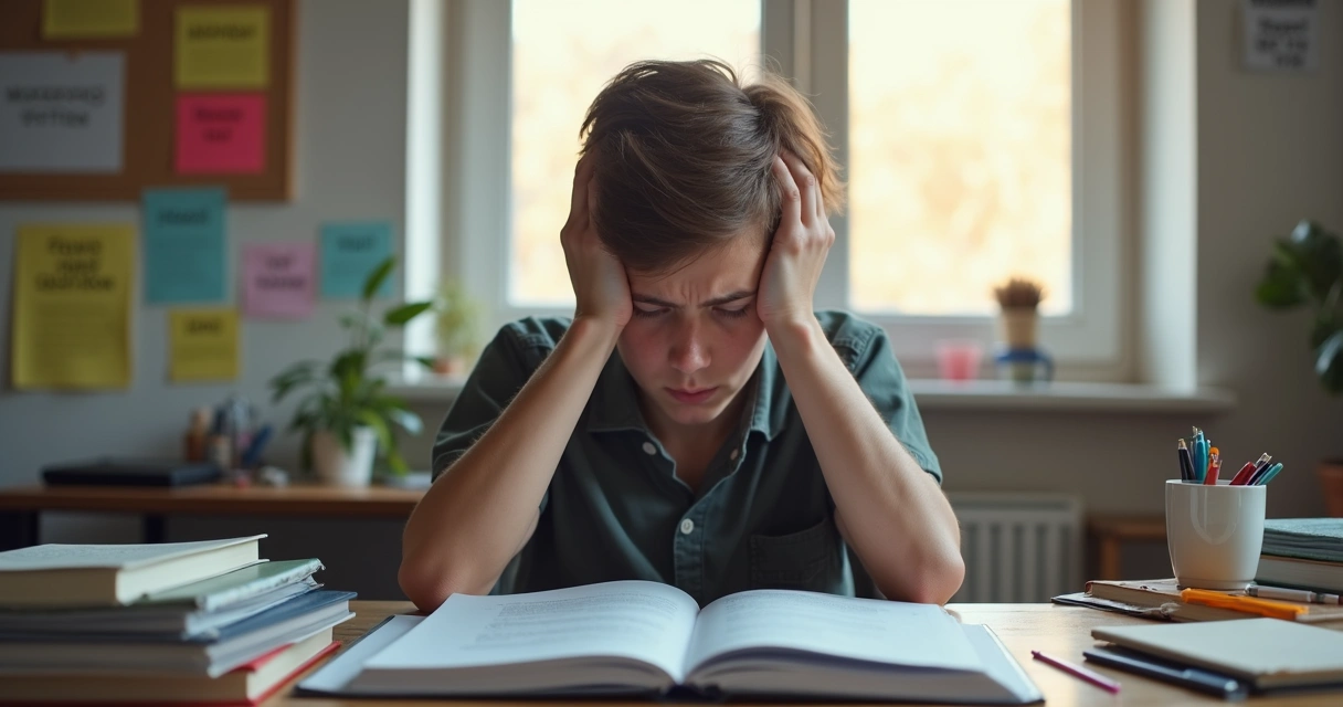 Jovem observa caderno com expressão de frustração 