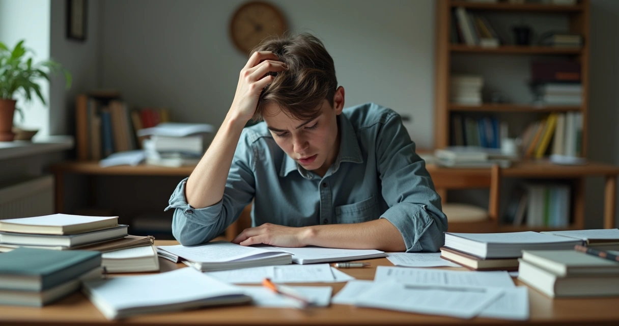 Estudante sentado com mão na cabeça, cercado de livros e cadernos espalhados na mesa, ambiente de estudo bagunçado, iluminação suave e tons neutros 