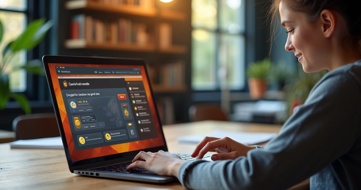 Estudante acessando ambiente gamificado com progressos, selos e chat. 