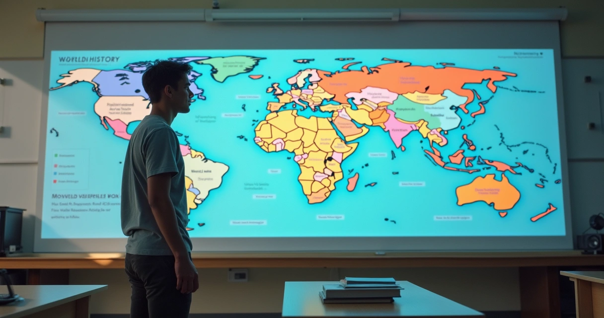 Estudante analisando linha do tempo digital de história 