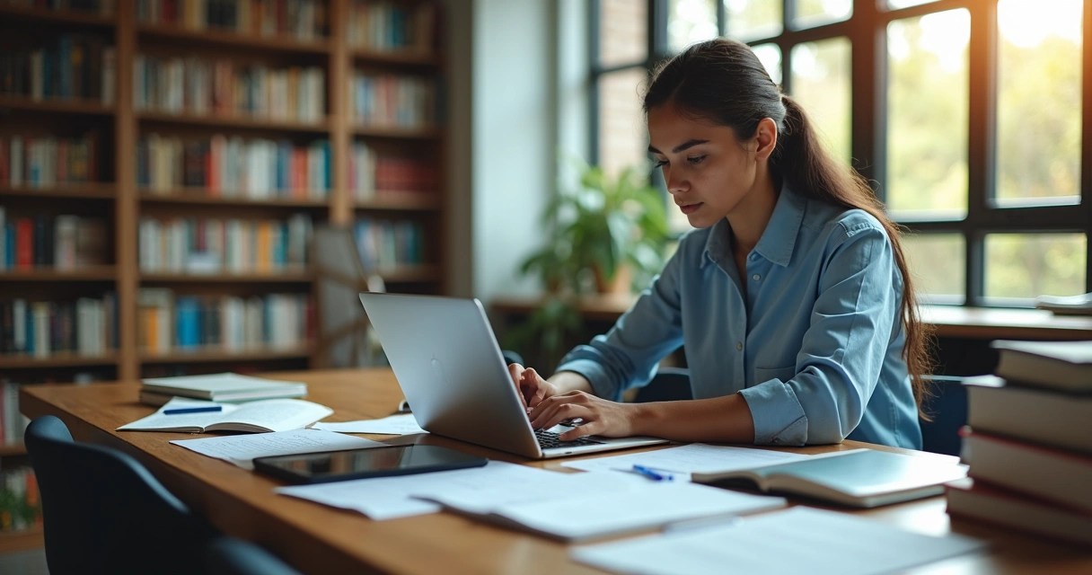 Estudante usando IA para estudar na biblioteca universitária