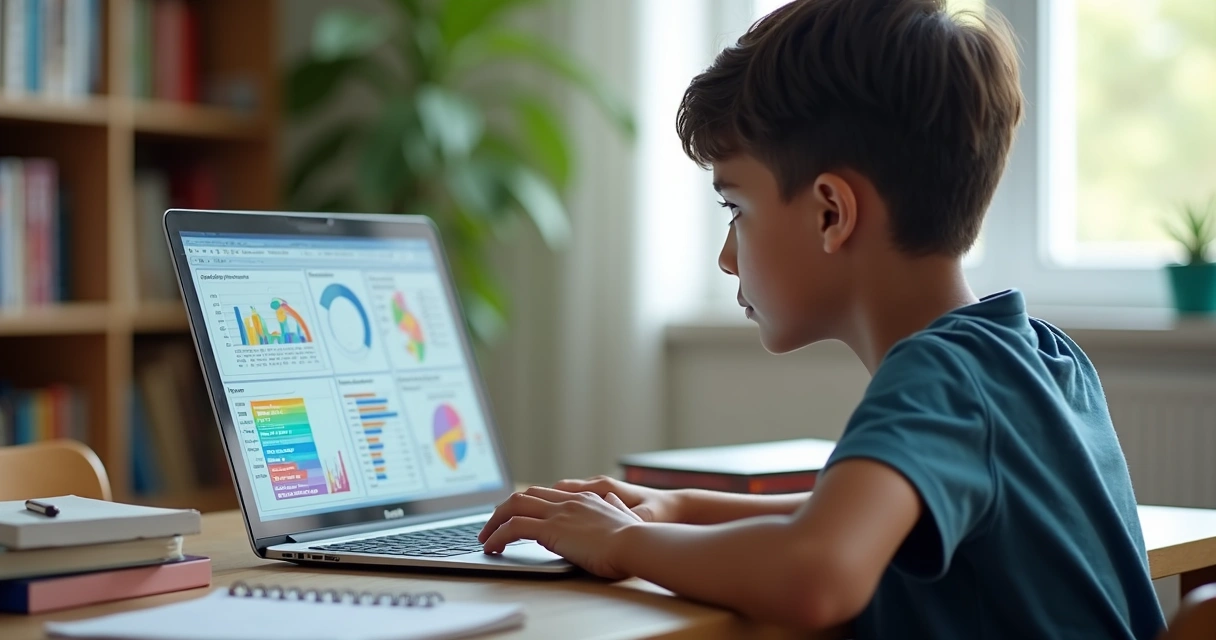 Estudante revisando matéria no notebook com tabelas e diagramas gerados por IA 