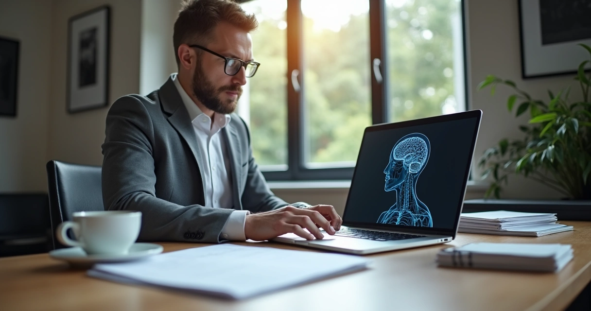 Empresário estudando IA com notebook e anotações em mesa