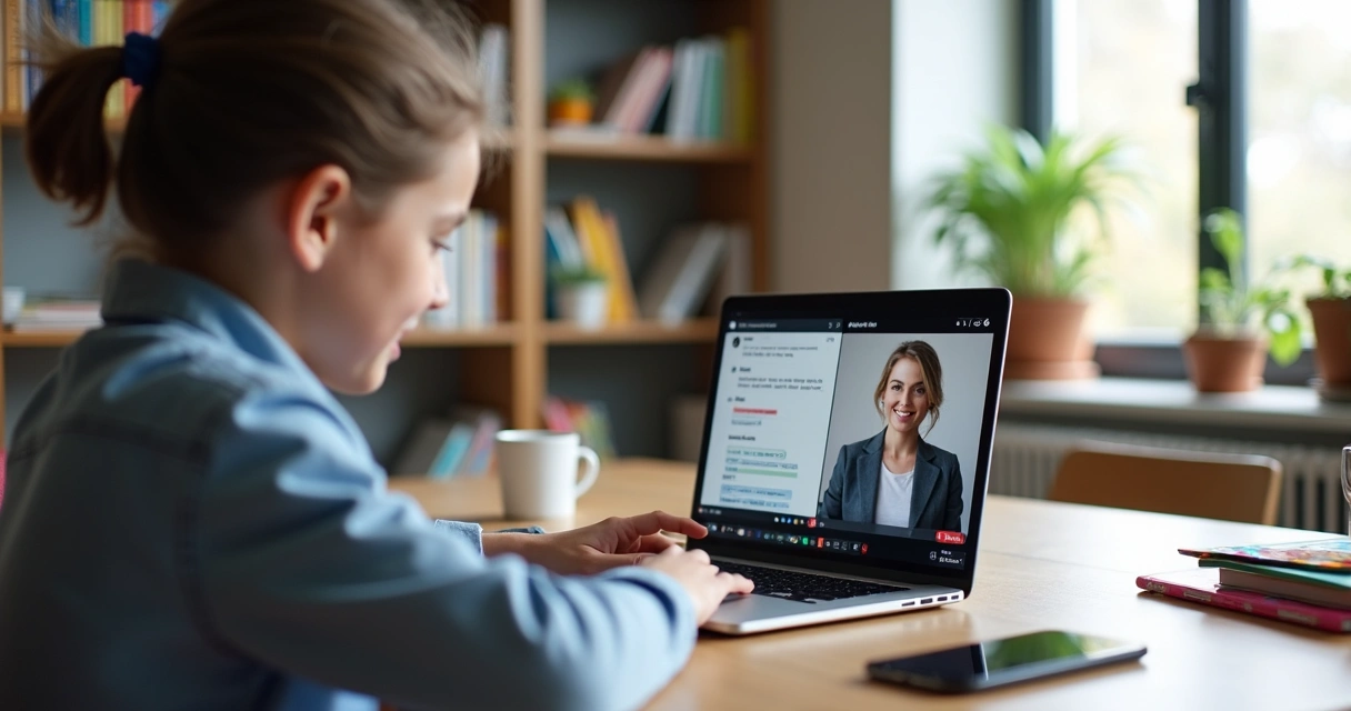 Estudante usando notebook com IA e tutor online na tela 