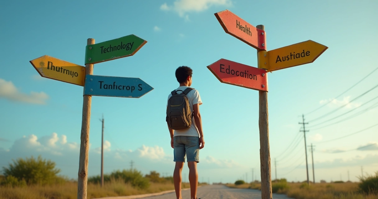 Estudante pensativo diante de placas de diferentes cursos