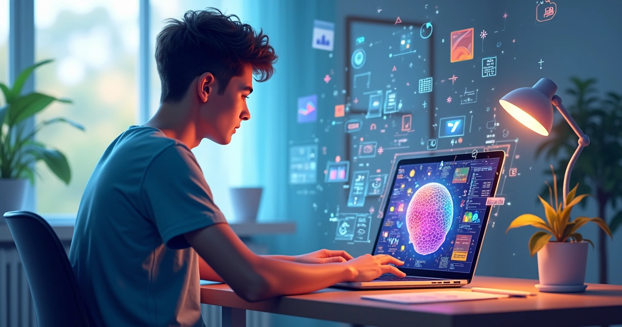 Estudante sentado usando notebook com gráficos e elementos digitais de IA ao redor 
