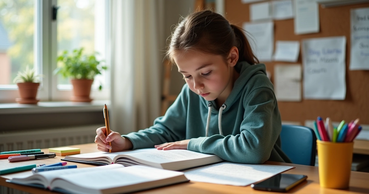 Jovem alternando apostilas de matérias diferentes na mesa