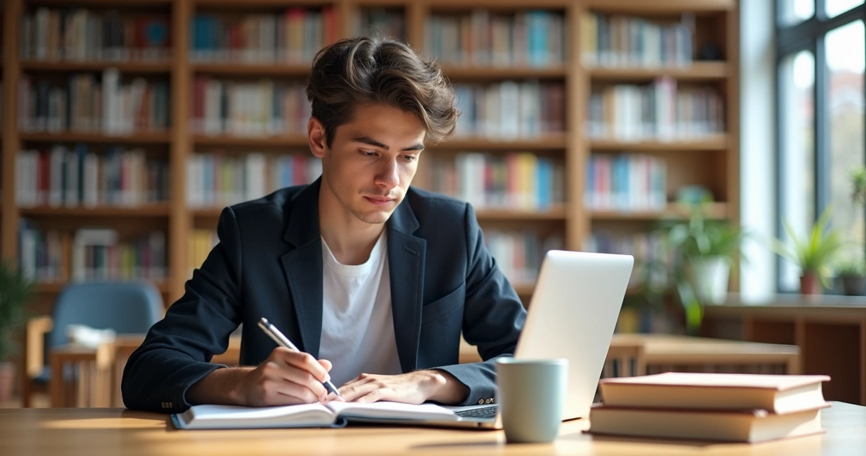 Estudante internacional em Portugal estudando em biblioteca 