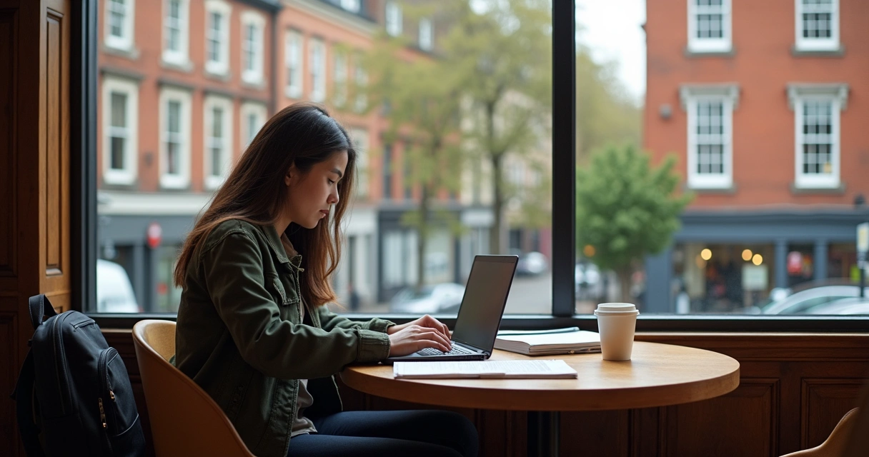 Estudante com mochila trabalhando em laptop em cafeteria moderna na Irlanda 