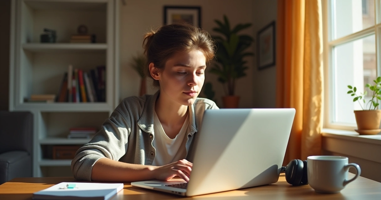 Jovem estudando italiano em notebook, com caderno e fones ao lado 