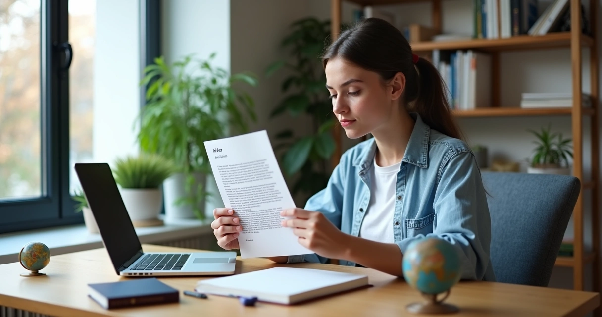 Estudante analisando offer letter impressa ao lado de notebook em ambiente de estudo 