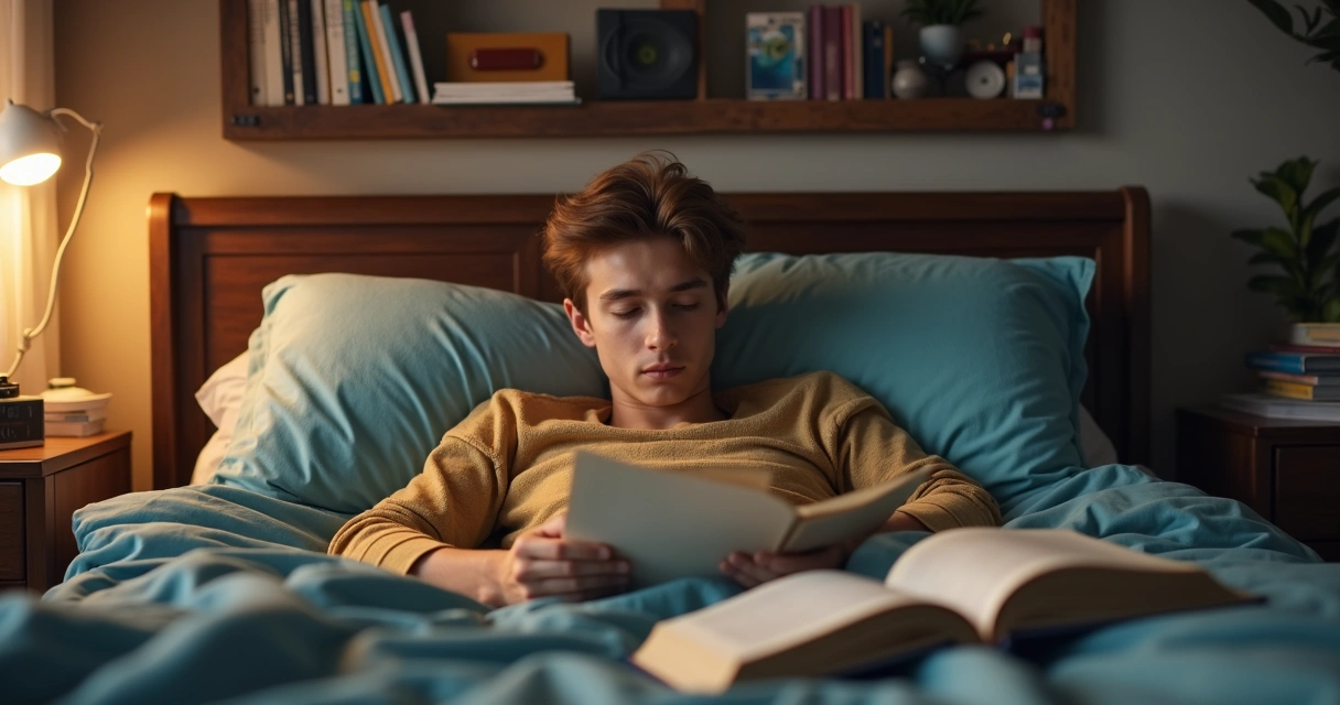 Rapaz jovem deitado lendo relaxado na cama com livros ao redor 