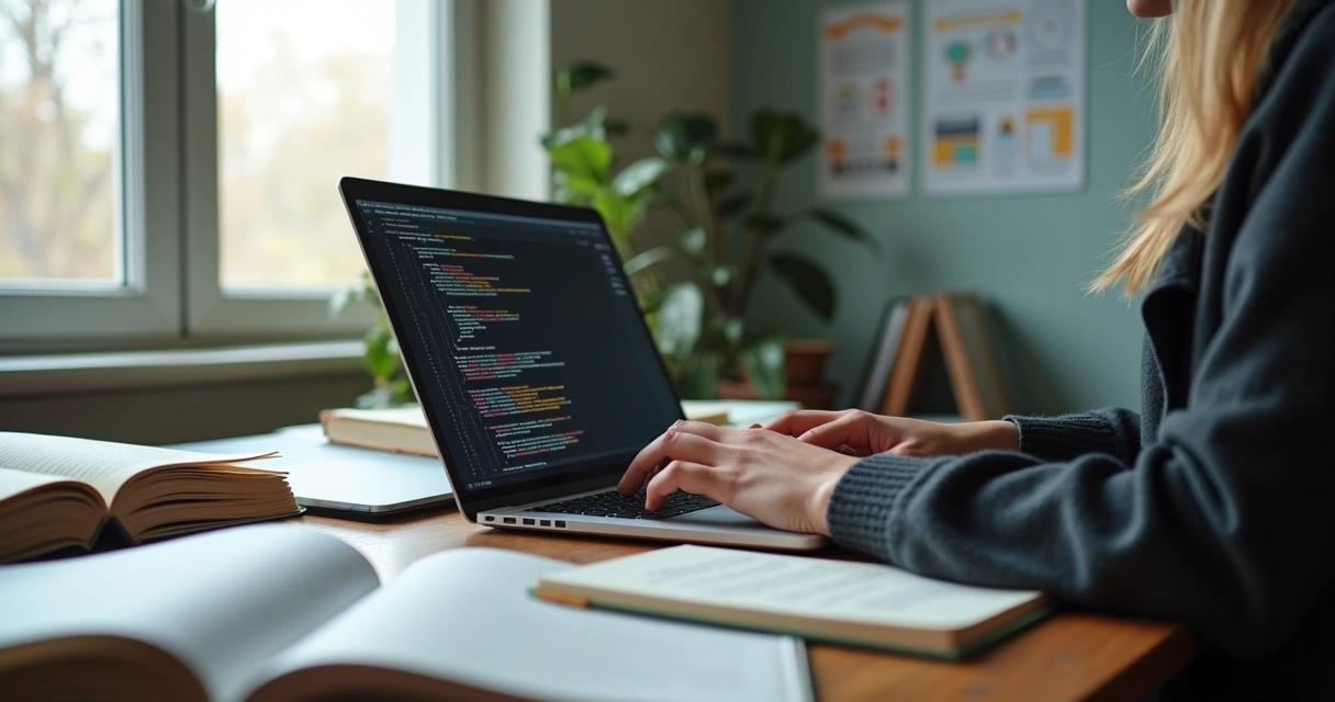 Estudante escrevendo código em notebook com livros de inteligência artificial 