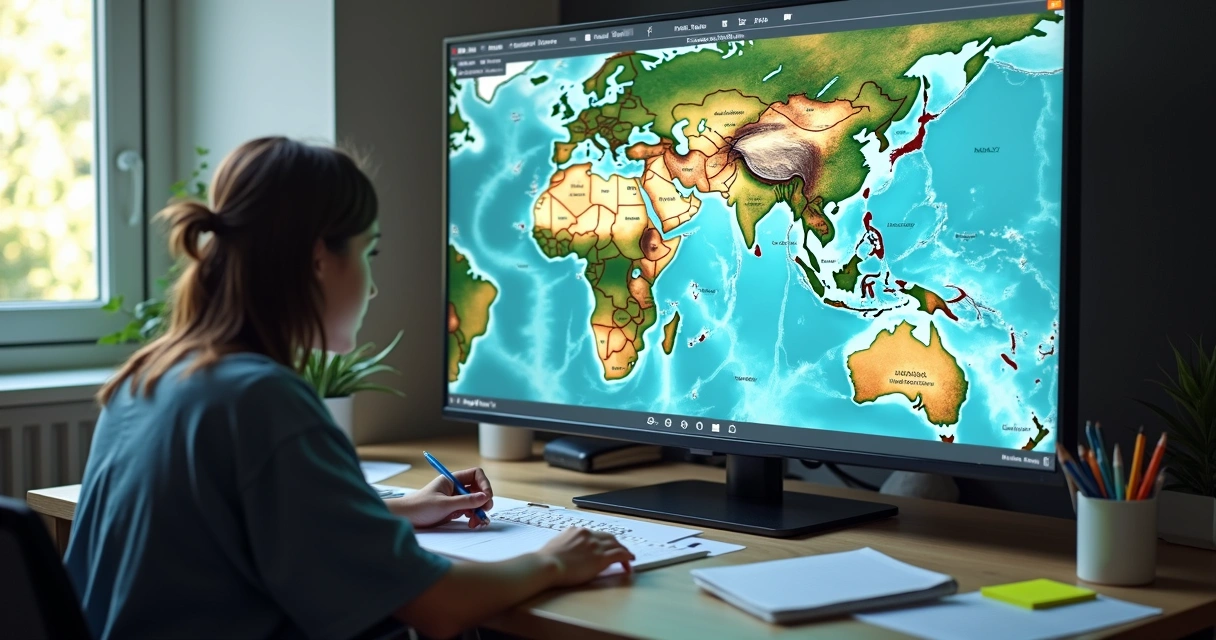 Estudante analisando mapa digital com camadas históricas 