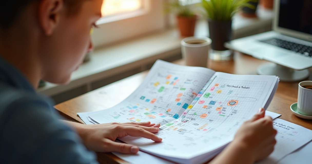 Estudante revisando mapa mental em caderno