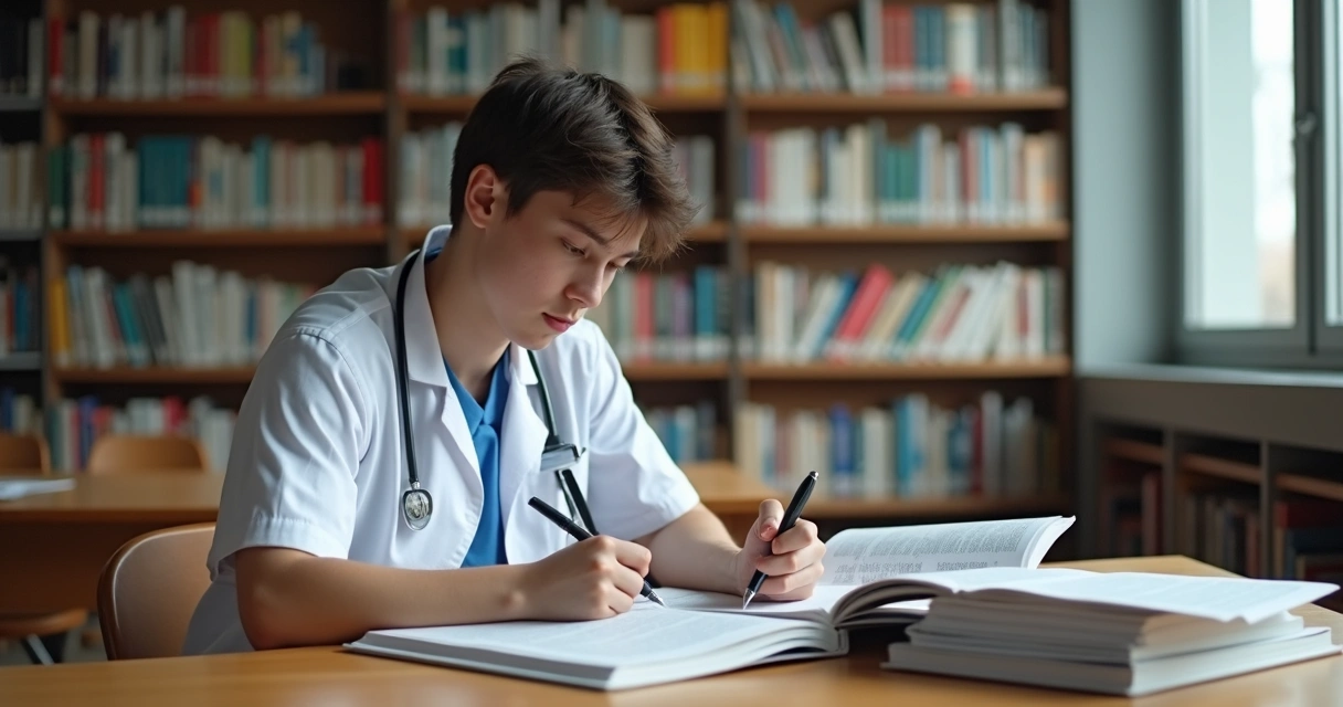 Estudante de medicina lendo livros na biblioteca universitária