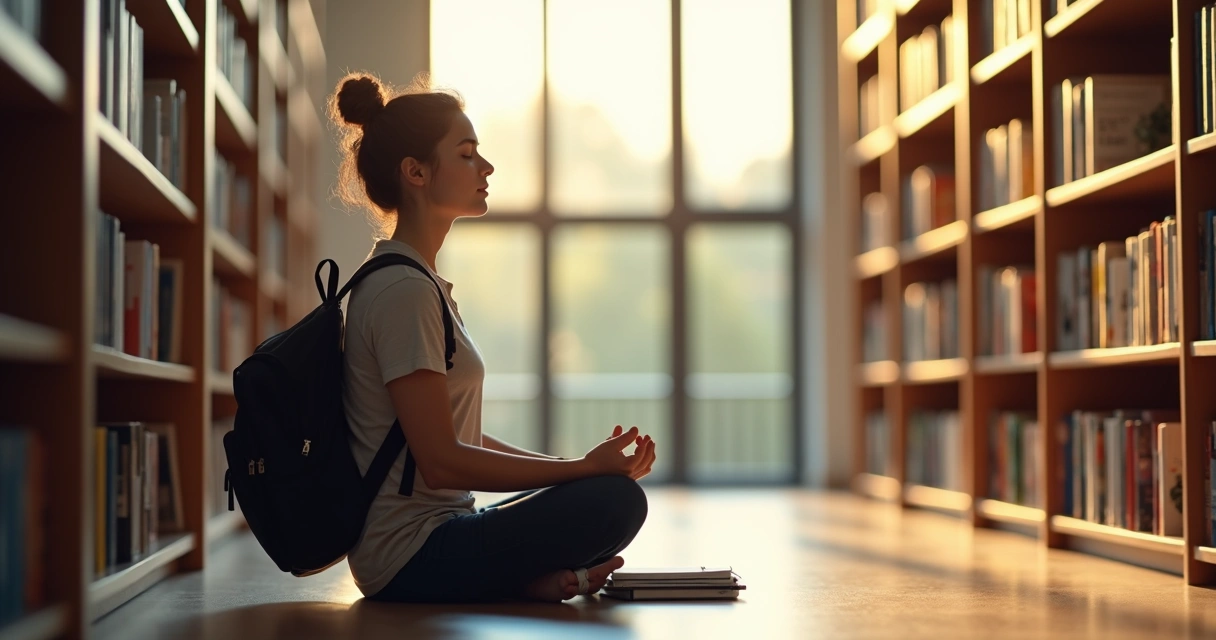 Estudante sentado meditando em silêncio em uma biblioteca com livros ao fundo 