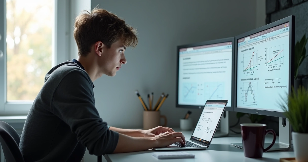 Aluno utilizando computador para criar lista de exercícios 