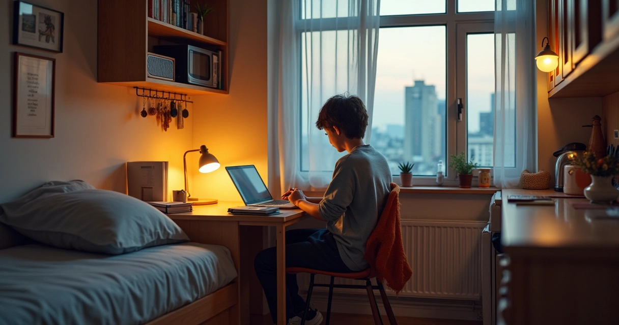 Estudante concentrado na escrivaninha dentro de kitnet 