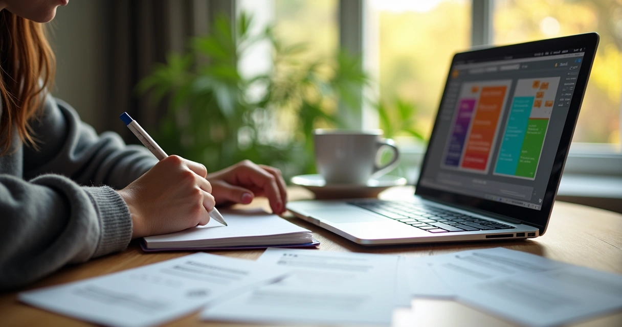 Pessoa estudando com notebook, caderno e materiais extras na mesa 