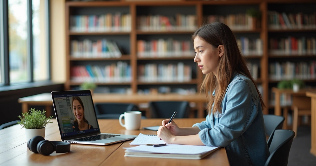 Estudante com notebook estudando em biblioteca 